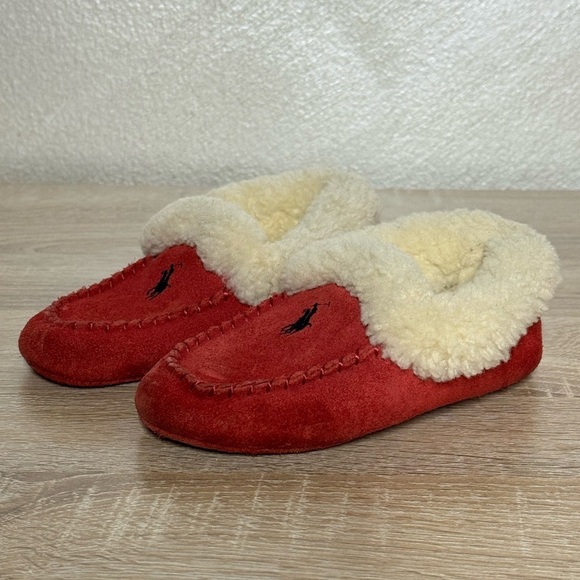 Polo Ralph Lauren Other - Polo Ralph Lauren Kids Size 9 Red Suede Sheepskin Slippers Moccasin Unisex